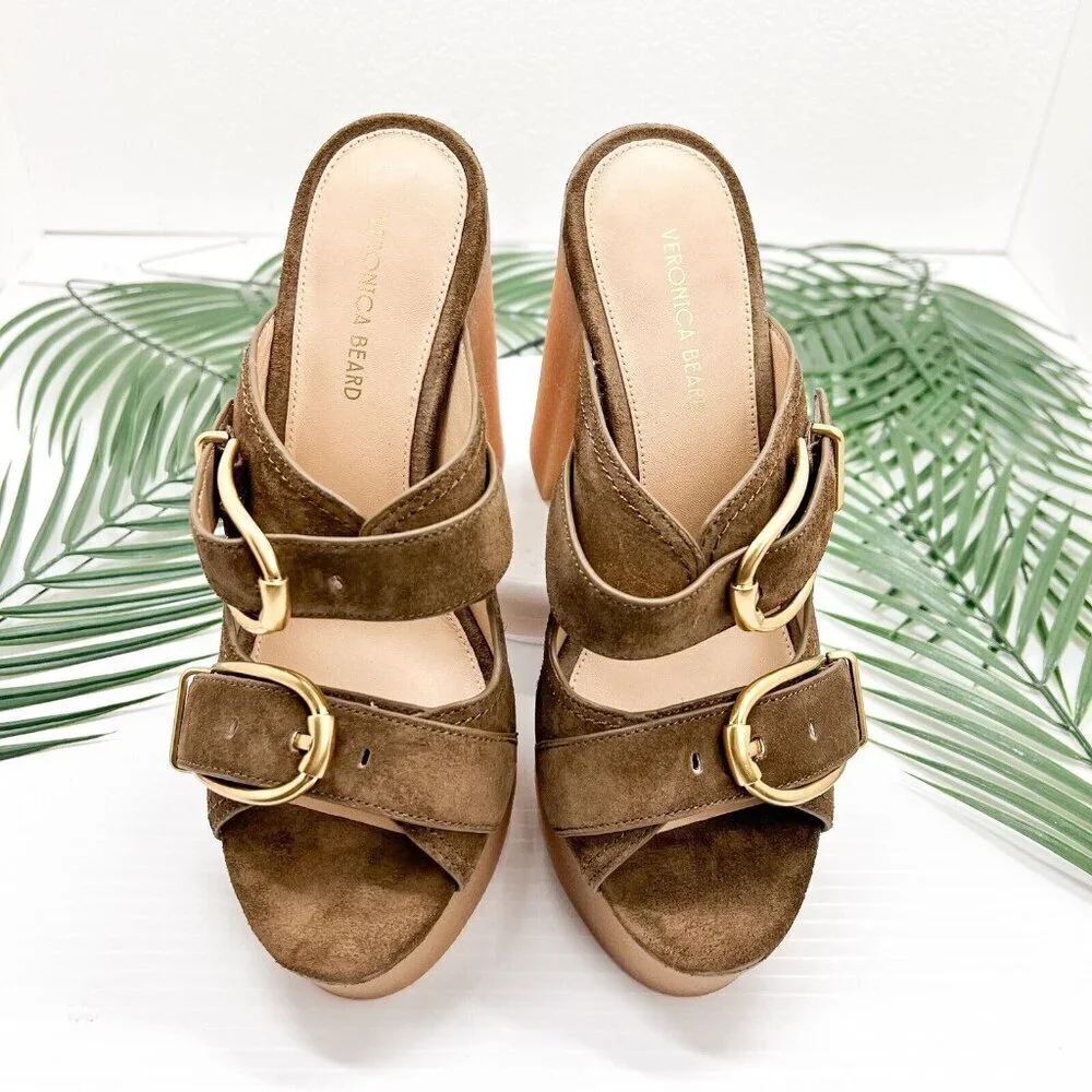 Veronica Beard Garrick Brown Suede Dual Buckle Platform Sandals Size 6.5M NWB